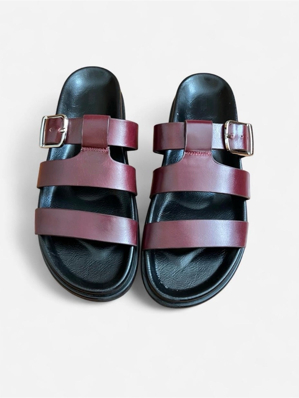 Zara Burgundy Triple-strap Slide Sandals with Silver Buckles - Picture 3 of 5